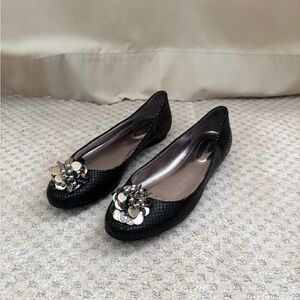 Calvin Klein Black Flats with Silver Floral Detail